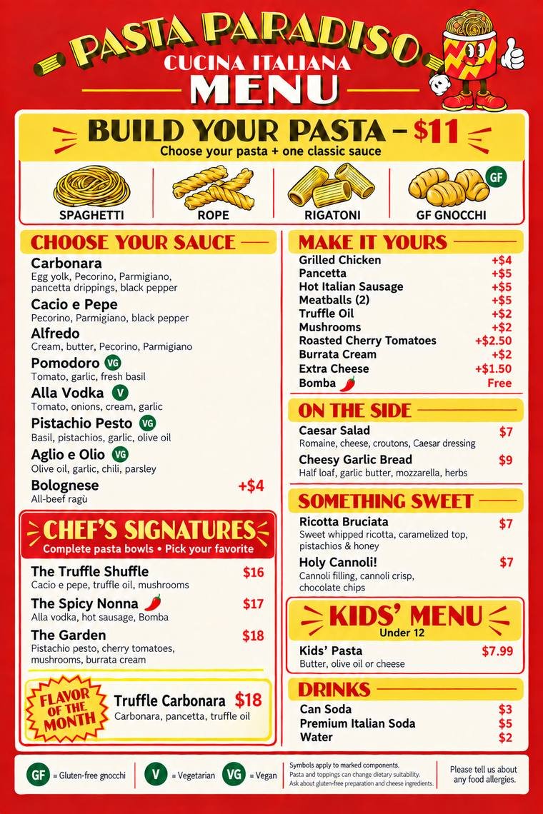 Pasta Paradiso printed menu board: Build Your Pasta $11 with pasta and sauce choices, Chef's Signatures, Flavor of the Month Truffle Carbonara, On the Side, Something Sweet, Kids' Menu, and Drinks, with gluten-free, vegetarian and vegan icons and an allergy notice.